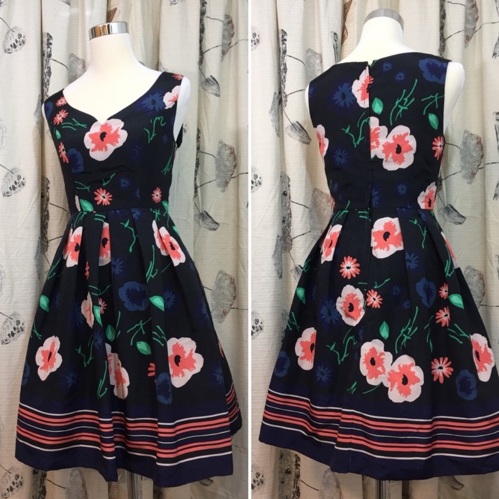 ModCloth - Blue Pink Flowers on Black Fit & Flare Dress with hidden POCKETS! - Picture 2 of 14